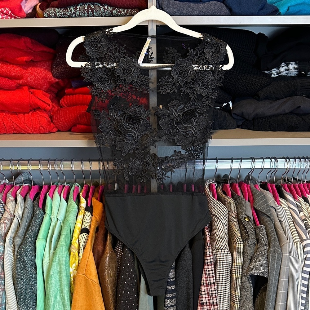 Love Nation black floral semi sheer snap bottom bodysuit size S